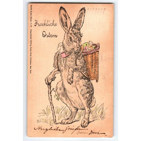 1905 Easter Bunny Postcard by Franz Huld Vintage German Greeting Hand Tinted - Picture 1 of 2